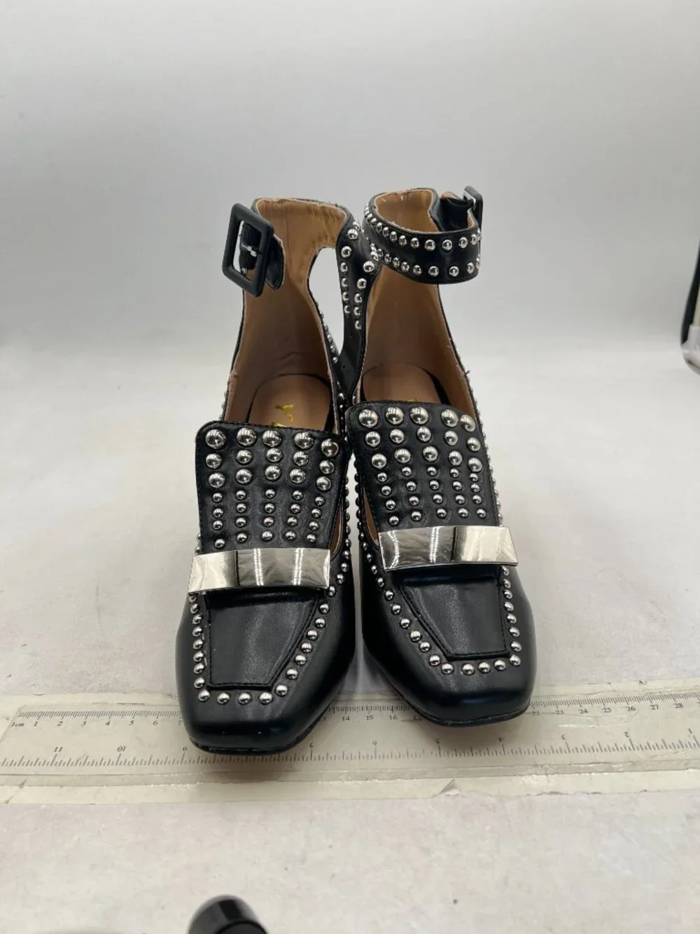 YDN Black Studded Block Heel Pumps Square Toe Ankle Strap High Heels Edgy Shoes